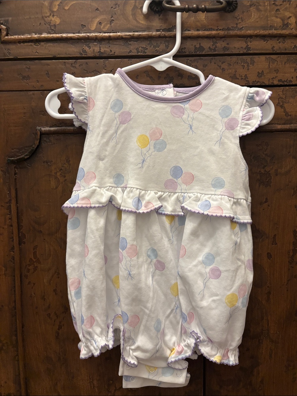 Baby Girls White Balloon Print One-Piece Bodysuit with Lilac Trim